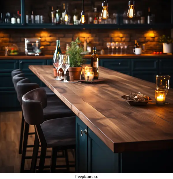 kitchen island with dark green cabinets and wood countertop
