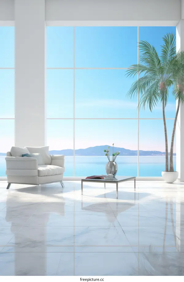 White sofa in a modern living room with a sea view