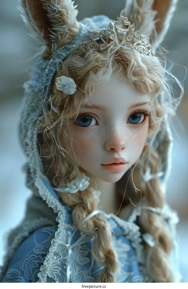 3D rendering of a doll with rabbit ears and blue eyes