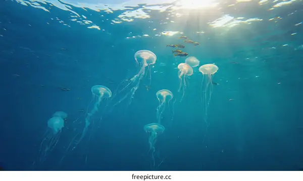 Jellyfish Underwater in Deep Blue Ocean