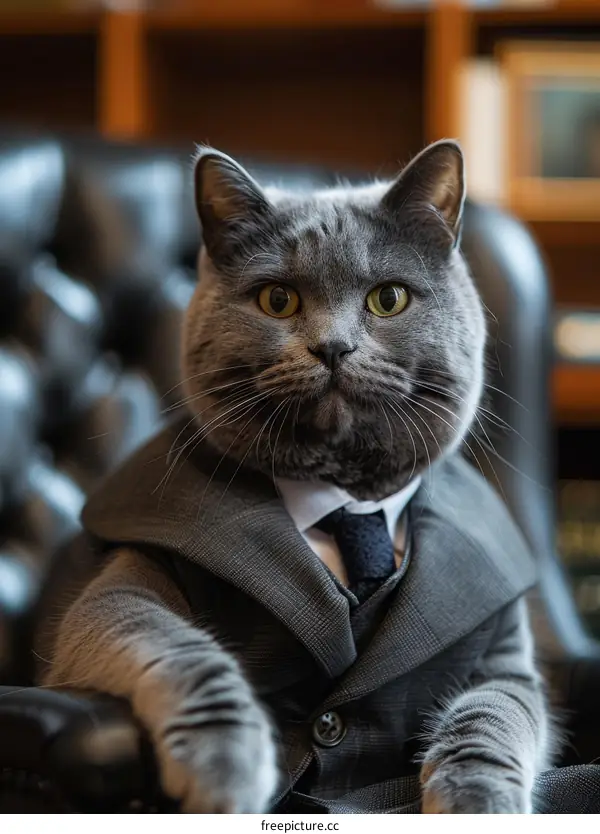 A gray cat wearing a suit and tie is sitting in a leather chair and looking at the camera.