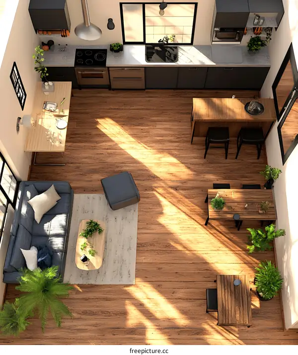 Modern Kitchen and Living Room Interior Design with Wooden Floor