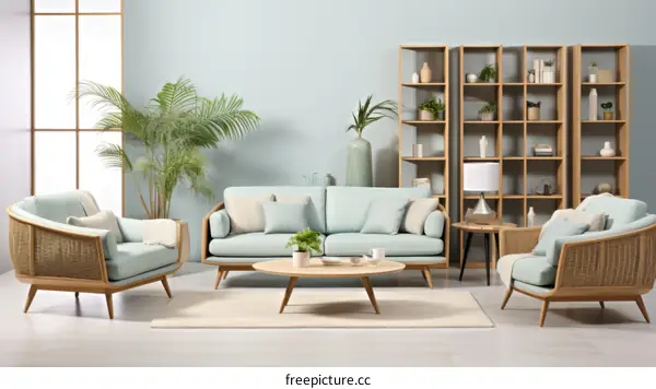 Neutral Sofa and Wicker Chairs in a Coastal Grandmother Style Living Room