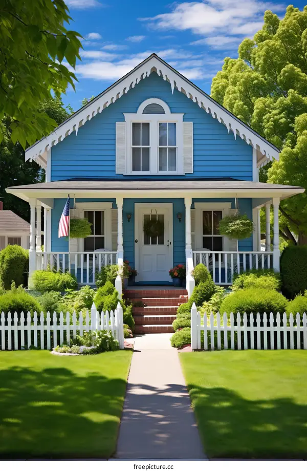Small Blue House With White Fence And Green Lawn