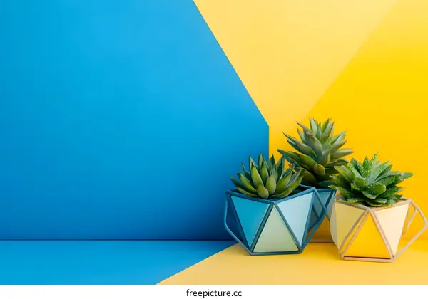 Blue and Yellow Minimalist Background with Succulents