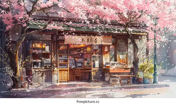Japanese restaurant with cherry blossoms in full bloom
