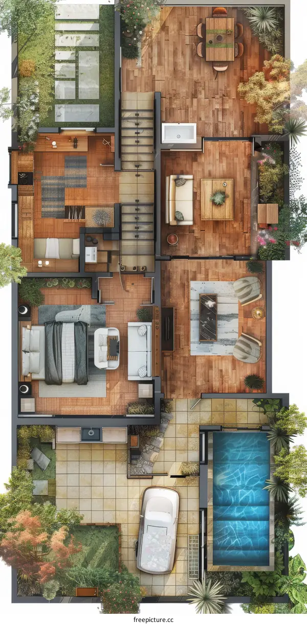Modern House Floor Plan with Garden and Pool