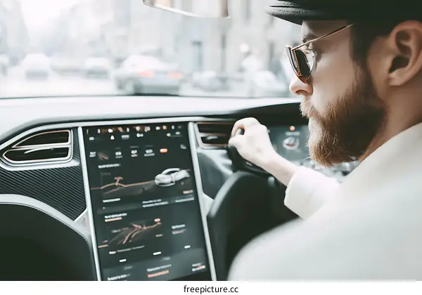 Stylish Caucasian Man Driving Modern Electric Car