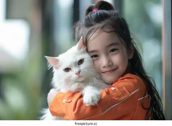 Little girl hugging a white cat