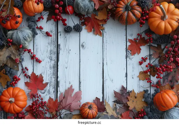 A wooden background with pumpkins, gourds, berries, and fall leaves