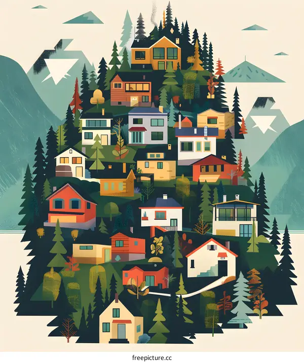 Mountaintop Village Illustration with Colorful Houses