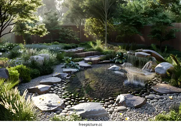 Japanese Zen garden with a pond, stone lantern, and maple trees