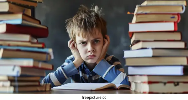 Frustrated caucasian boy surrounded by books