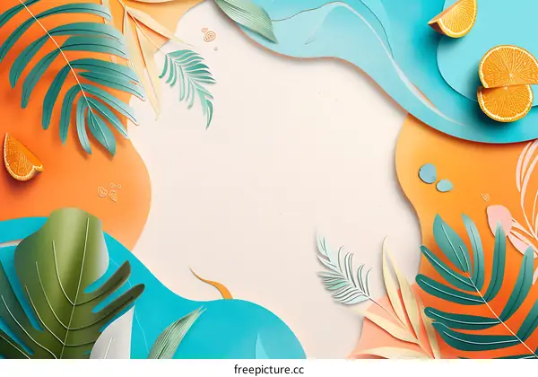 Tropical Leaves and Orange Slices Paper Cutout Background