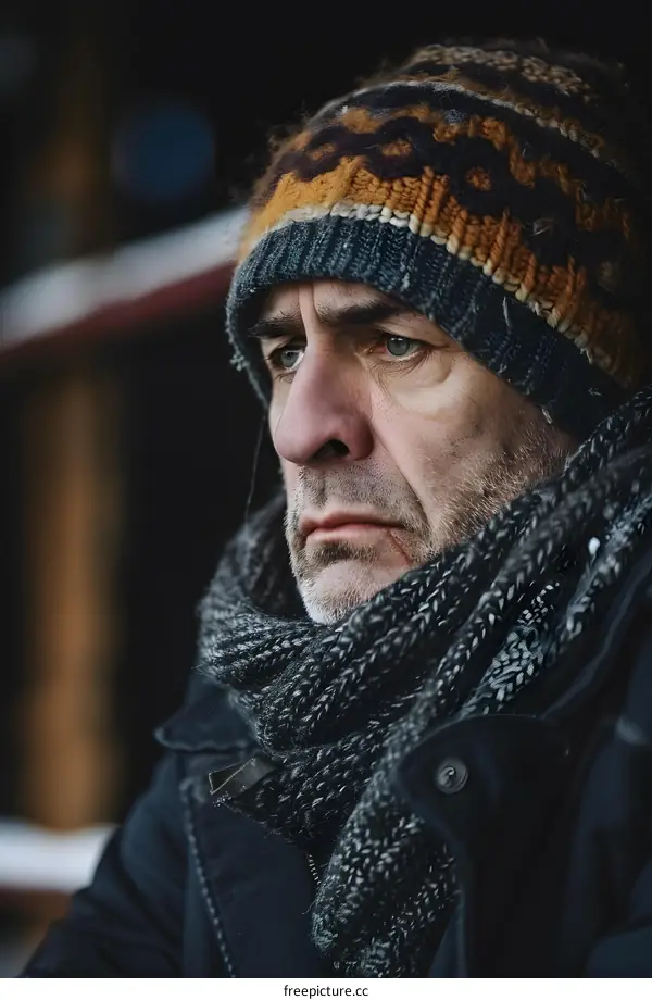 Portrait of a man wearing a hat and scarf looking away
