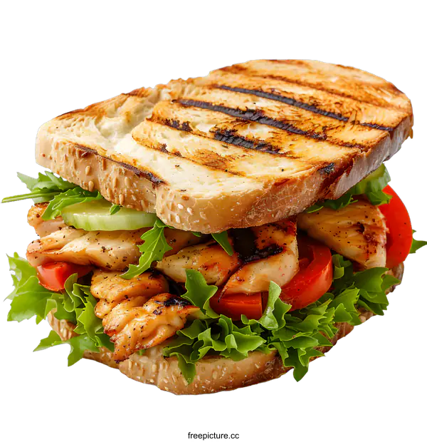 [Transparent Background PNG]Grilled Chicken Sandwich with Lettuce Tomato and Cucumber