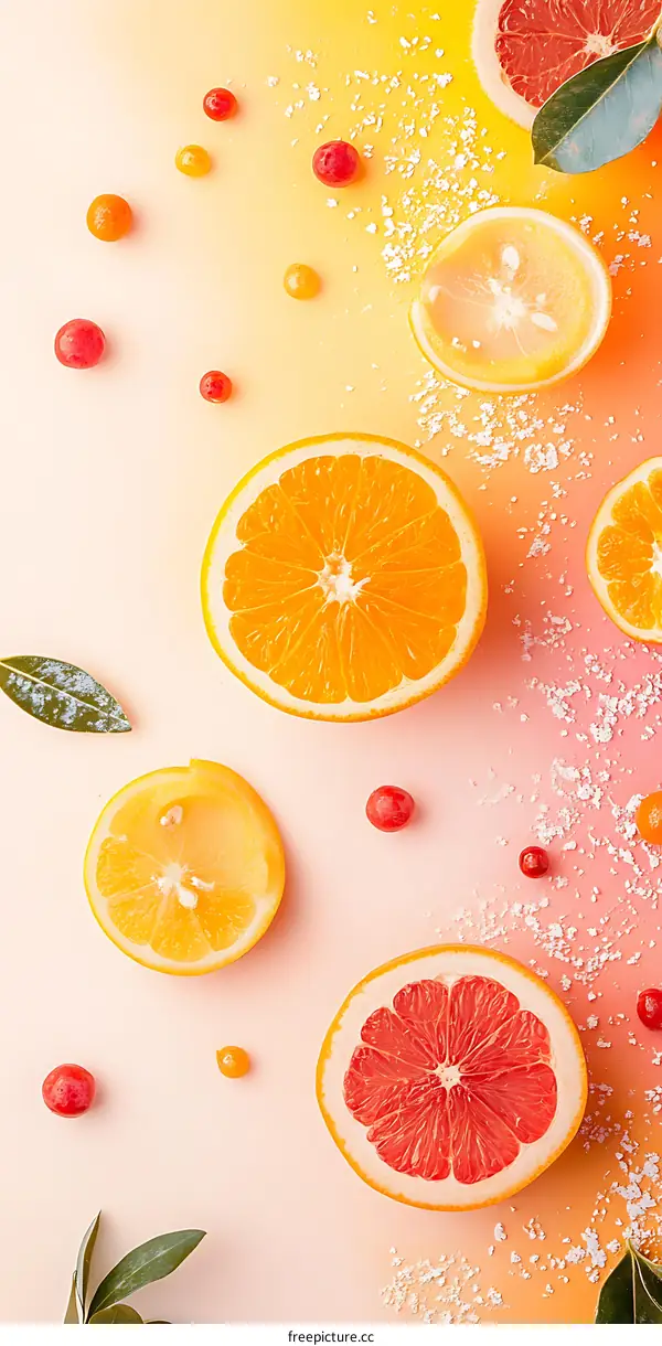 Fresh Citrus Fruits with Leaves and Berries on Yellow and Pink Background