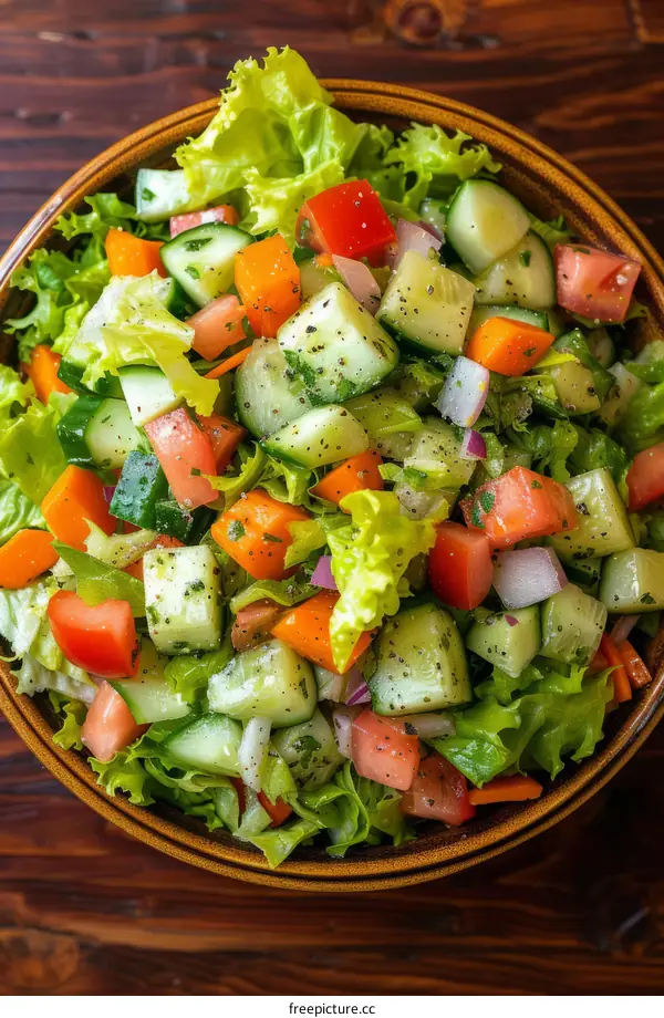 Salad with Lettuce, Cucumber, Carrots, Tomatoes, and Red Onion