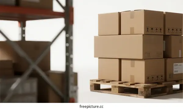 Stack of cardboard boxes on wooden pallet in warehouse storage