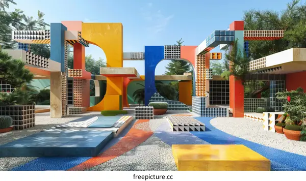 Colorful 3D rendering of a modern geometric structure