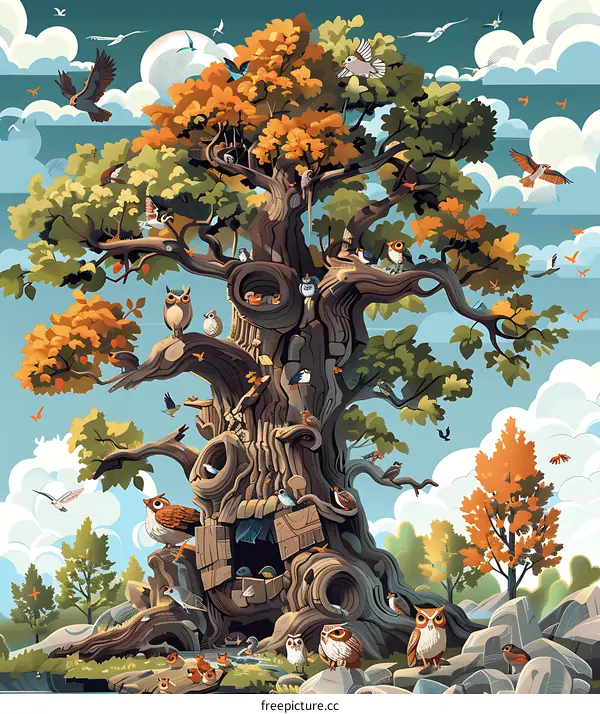 Colorful Illustration Of A Tree With Many Birds