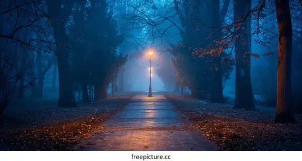 Foggy Path Through the Park at Dusk