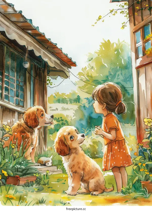 Adorable Asian Little Girl Playing with Puppies in a Summer Garden