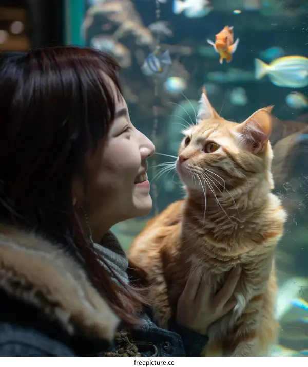 A ginger cat and a woman looking at an aquarium