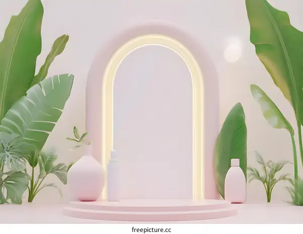 Abstract Minimalist Pink Background With Green Leaves