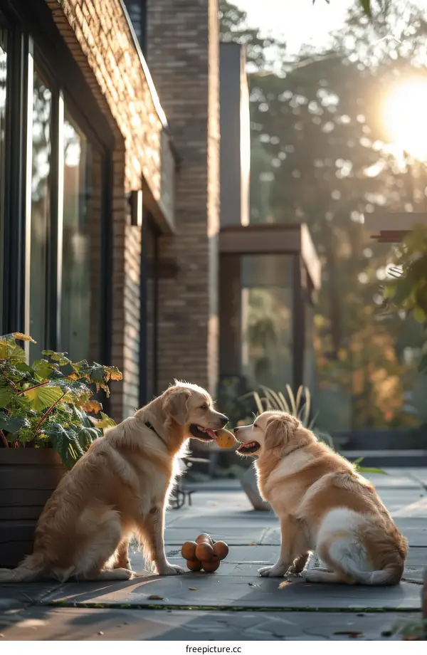 Two Golden Retrievers playing with a ball outside a modern house