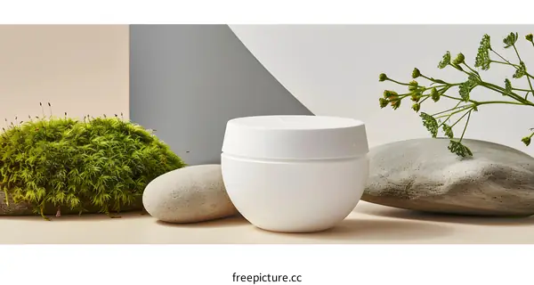 White Jar with Lid on a Background of Rocks and Moss