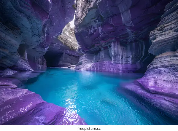 Purple cave with blue water