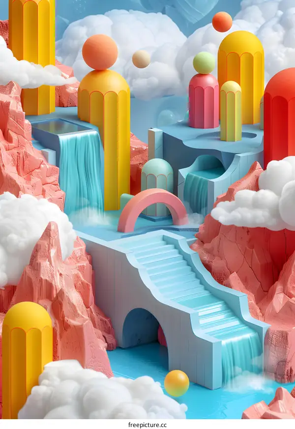 Colorful 3D landscape with stairs and archway