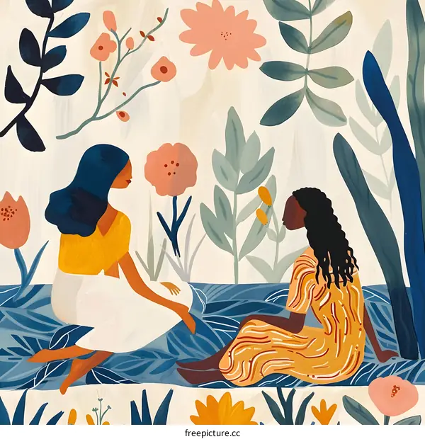 Two Women Sitting In A Garden Of Flowers