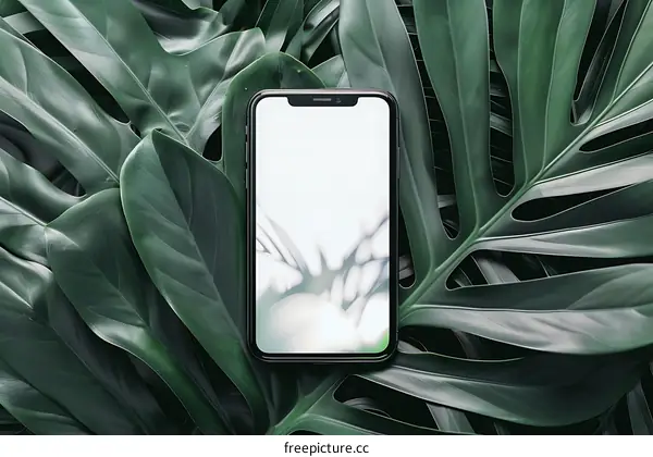 Smartphone on Green Leaves Background
