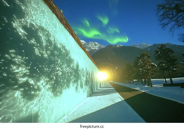 Snowy Pathway with Green Aurora Borealis and Mountain View