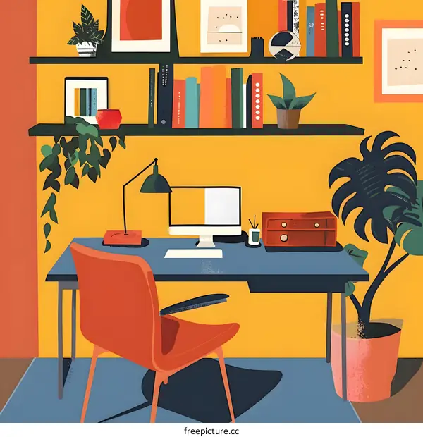 Modern Home Office With Yellow Walls And Plants