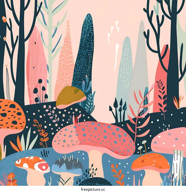 Colorful Abstract Forest Illustration with Mushrooms
