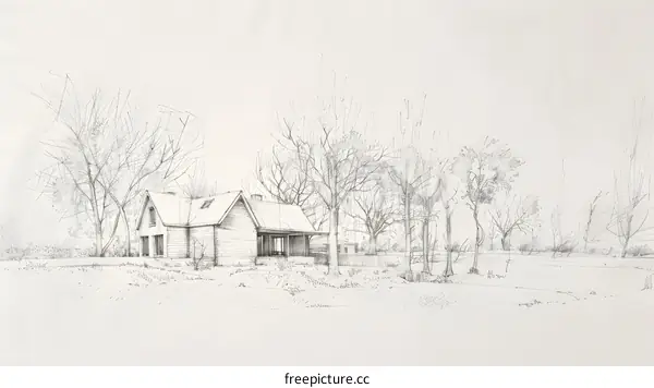 Pencil Sketch of a House with Trees