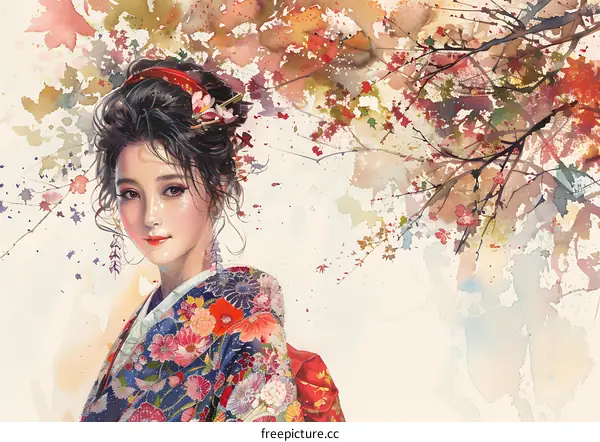 Watercolor Painting of Woman in Traditional Japanese Kimono with Blossoms