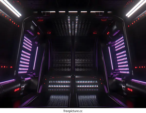 Futuristic Spacecraft Corridor with Purple and Red Lights