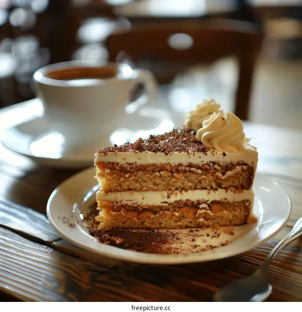 Delicious Cake Slice with Coffee in the Background