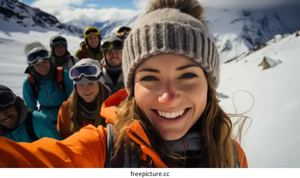 Group of friends on a skiing trip take a selfie together at the top of a snowy mountain