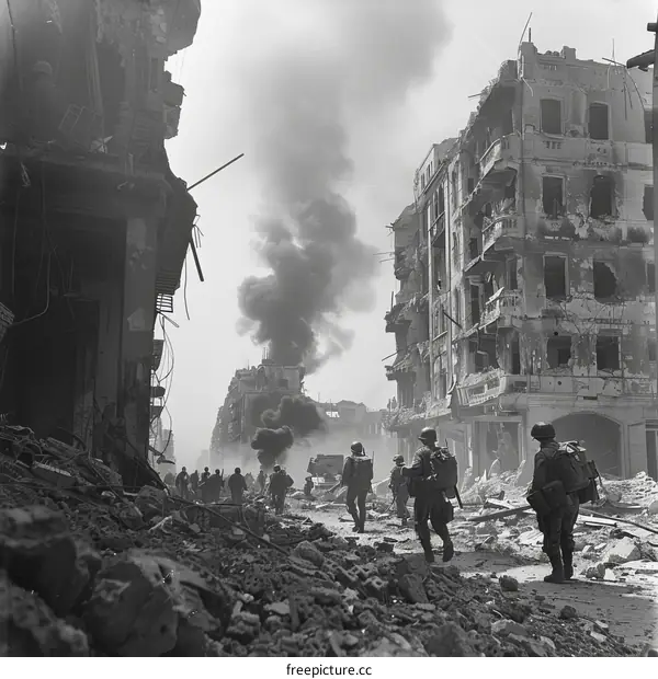 American soldiers walking through the destroyed city of Tripoli, Libya, during World War II