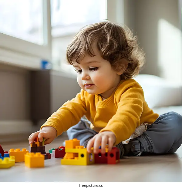 Cute Baby Boy Playing with Building Blocks