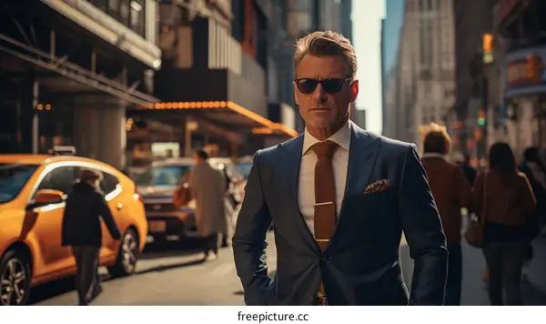 Confident businessman in sunglasses walking down a busy city street