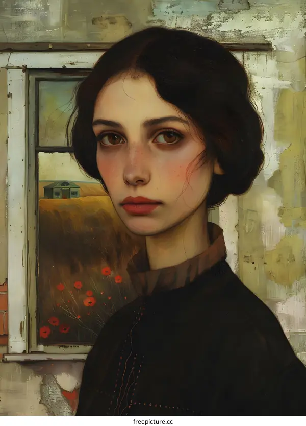 portrait of a young woman with dark hair and brown eyes, wearing a black dress with a white collar