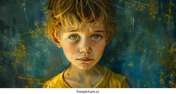 Portrait of a boy with freckles and blue eyes