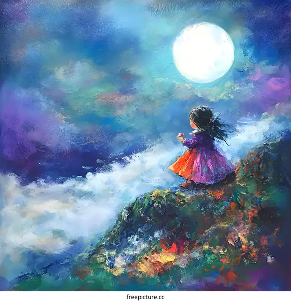 Little Girl Looking at the Moon on a Mountain
