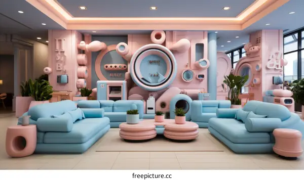 A surreal and colorful living room with pink and blue pastel colors and oddly shaped furniture